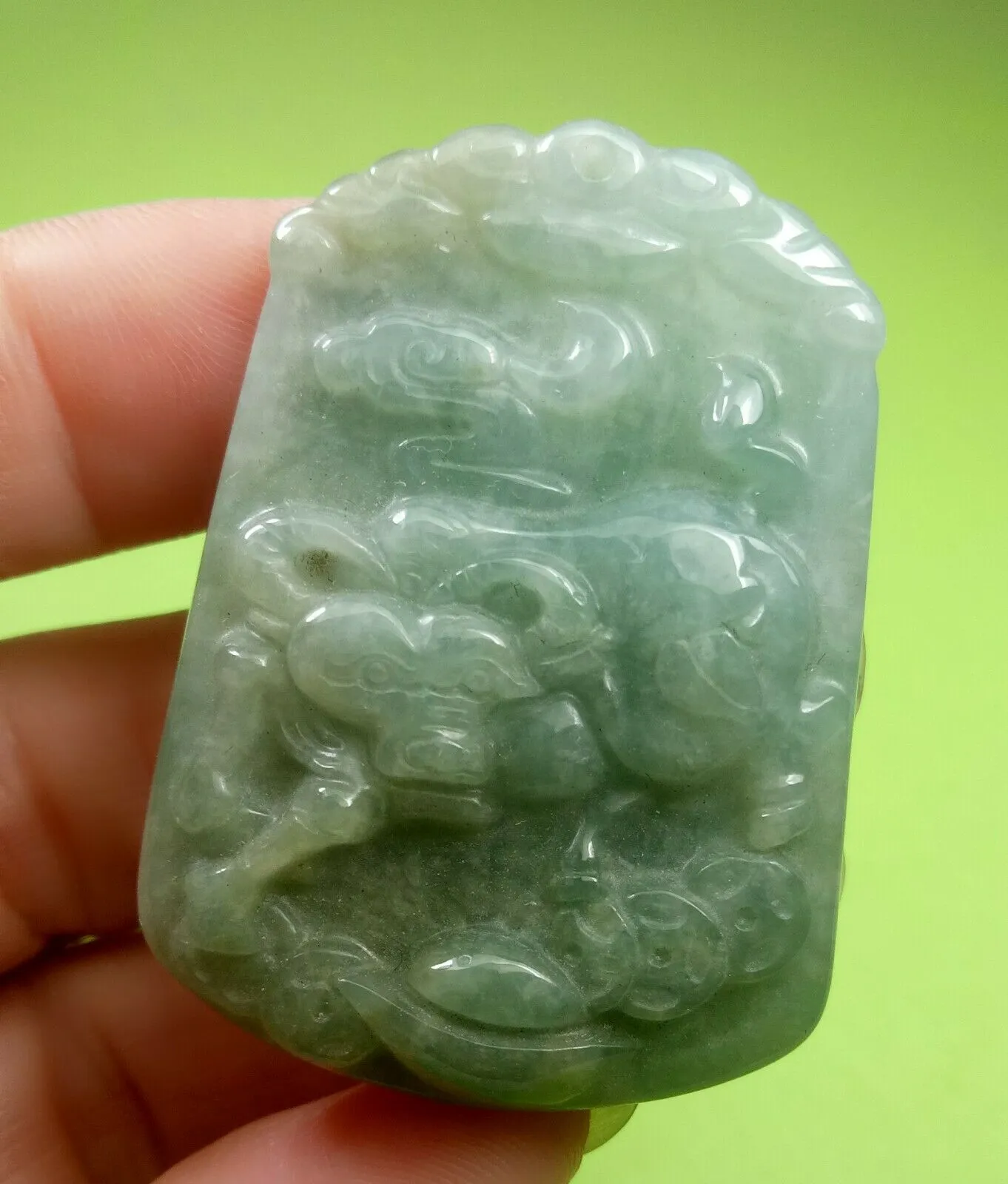 10% OF- Certified Natural Icy Jadeite Emerald A*Jade Handcarved Lucky Ox Cow Ruyi Coin Pendant A5949