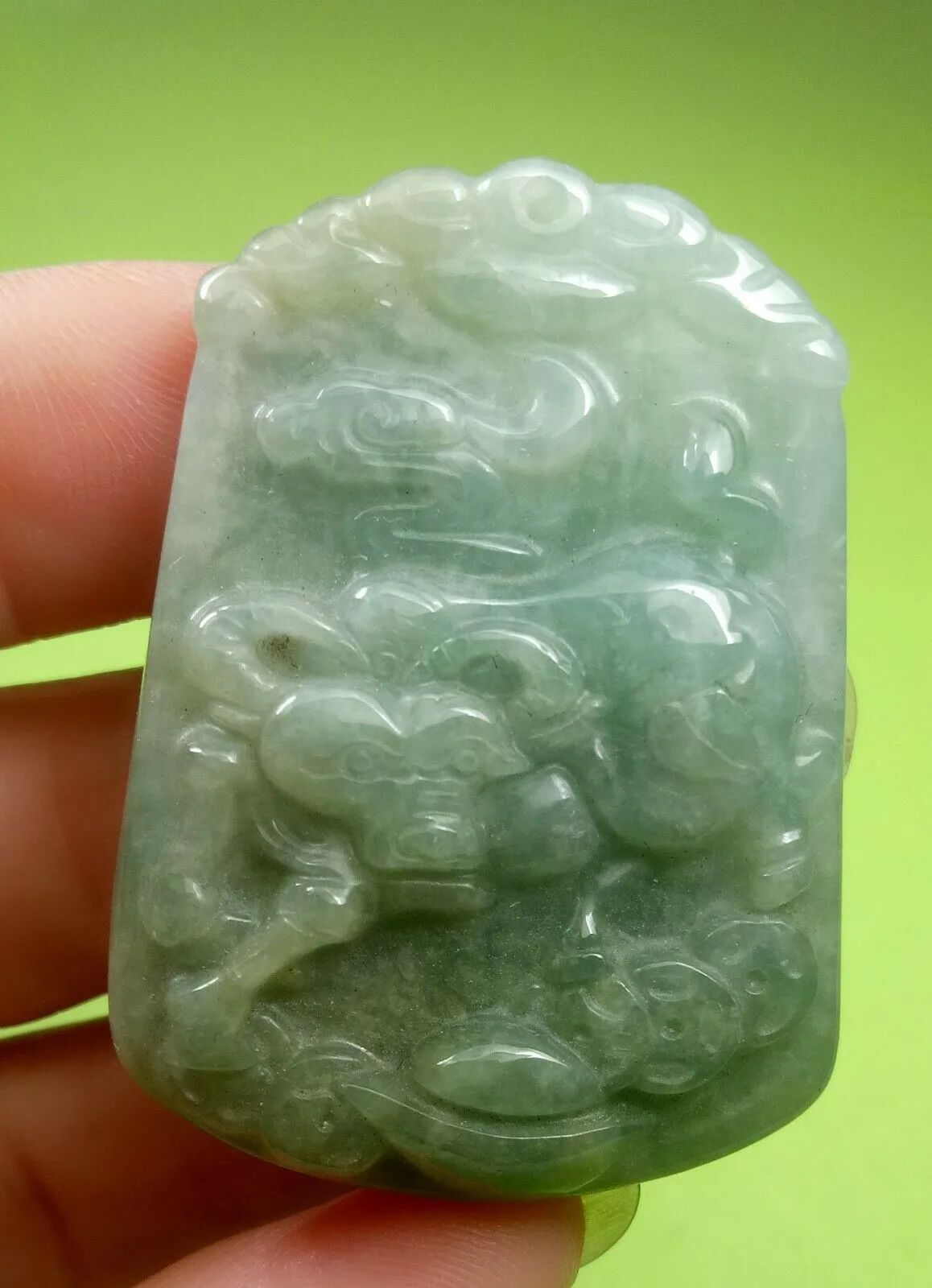 10% OF- Certified Natural Icy Jadeite Emerald A*Jade Handcarved Lucky Ox Cow Ruyi Coin Pendant A5949