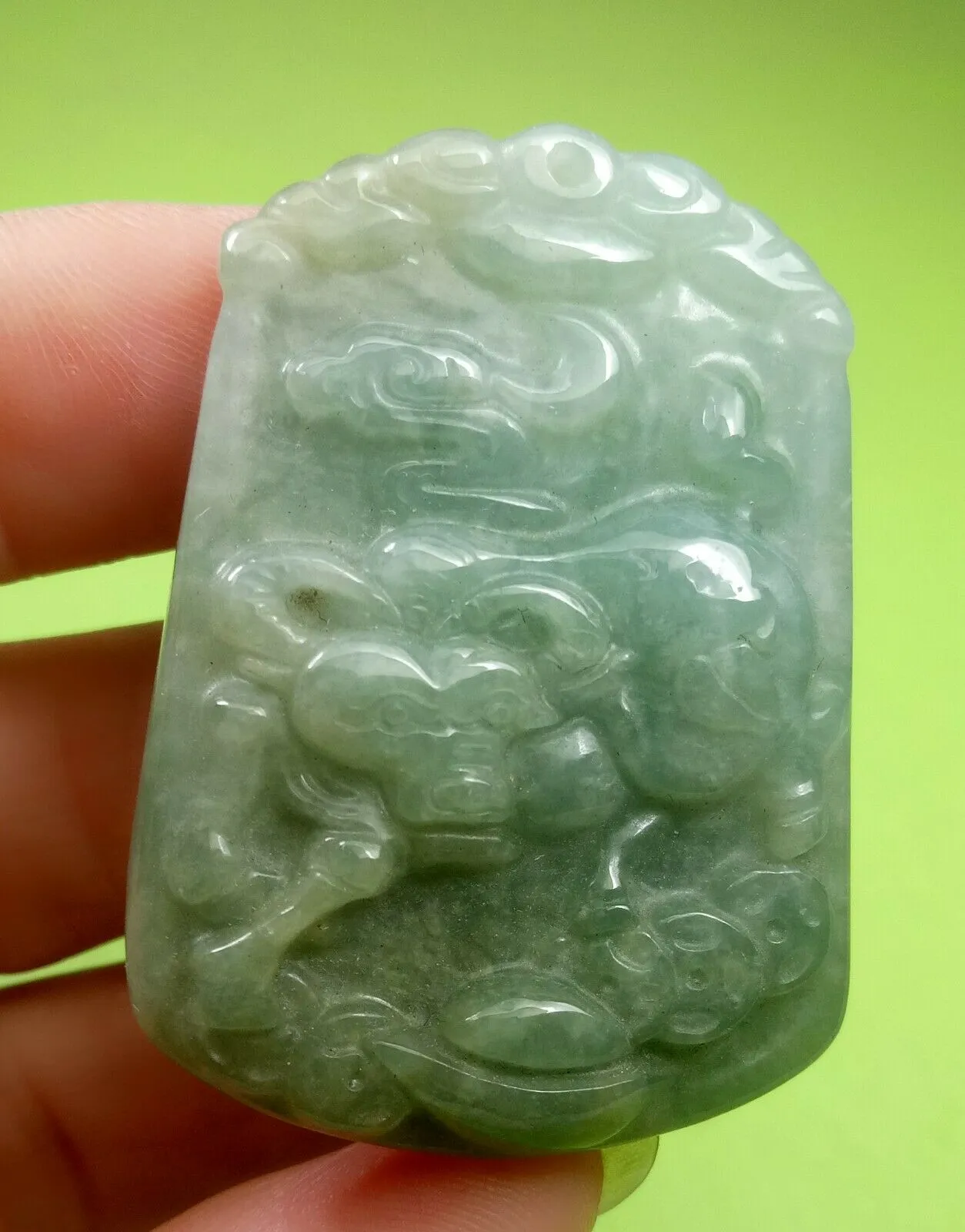 10% OF- Certified Natural Icy Jadeite Emerald A*Jade Handcarved Lucky Ox Cow Ruyi Coin Pendant A5949