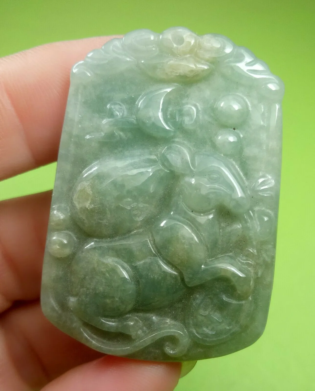 10% OF- Certified Natural Icy Jadeite Emerald A*Jade Handcarved Lucky Rat Coin Bag Pendant A5906