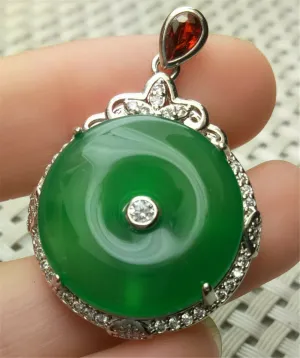 10% OFF- Certified Natural Emerald A*Jade Handcrafted Green Jade Donut Pendant-925 Sterling Silver A2113