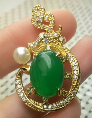 10% OFF- Certified Natural Emerald A*Jade Handcrafted Oval Green Jade Pearl Pendant-Gold 925 Sterling Silver A2017