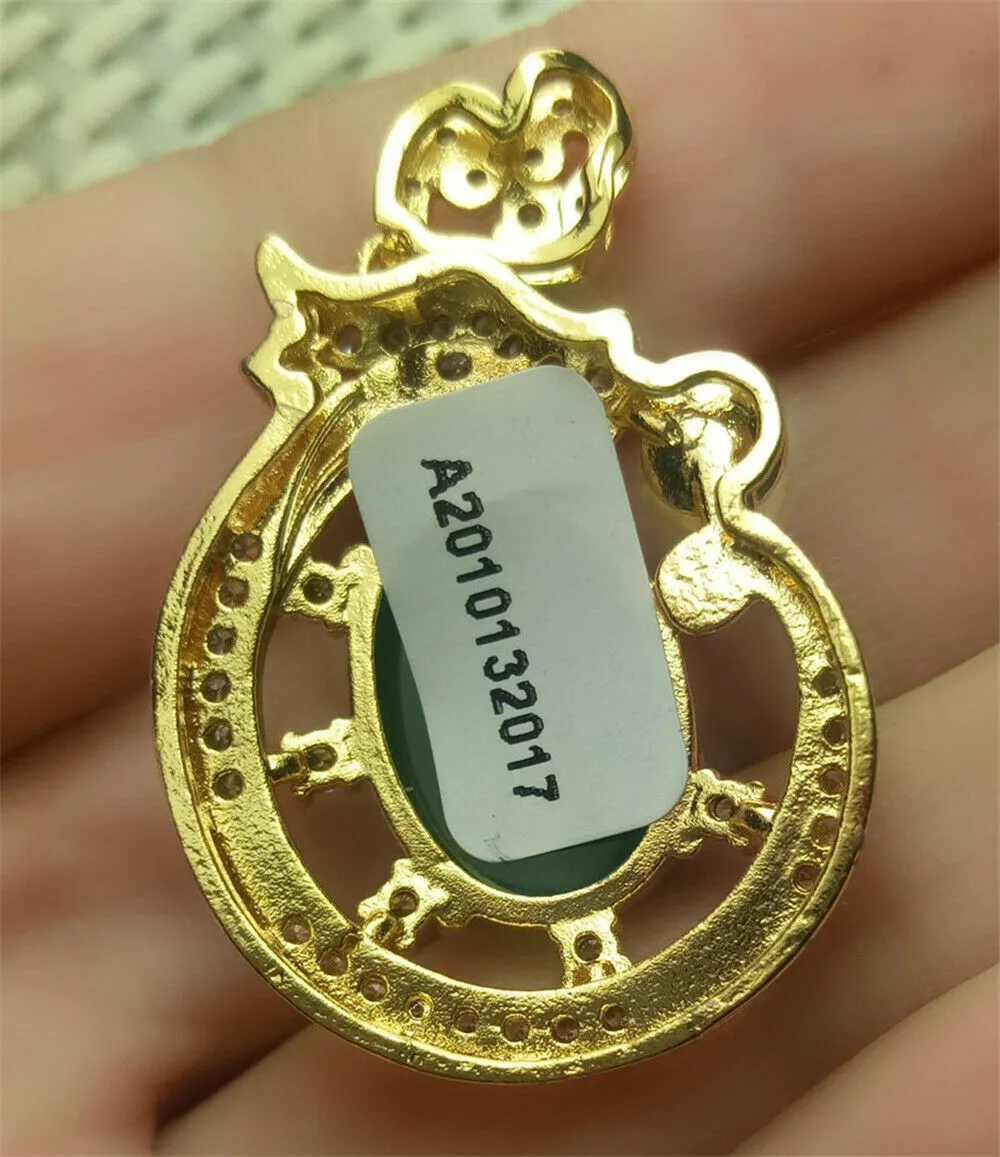 10% OFF- Certified Natural Emerald A*Jade Handcrafted Oval Green Jade Pearl Pendant-Gold 925 Sterling Silver A2017