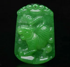 10% OFF- Certified Natural Icy Green Jadeite Emerald A Jade HandCarved Lucky Tiger Yu Bi Pendant A537