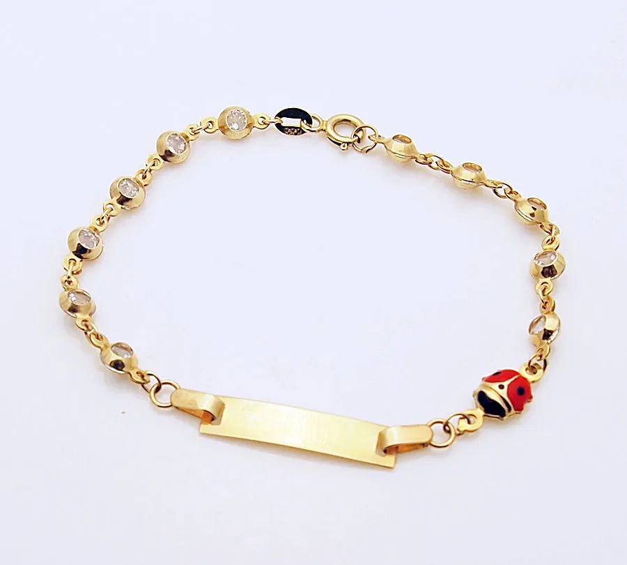 14k Yellow Gold CZ Link ID Bracelet with Enamel Ladybug