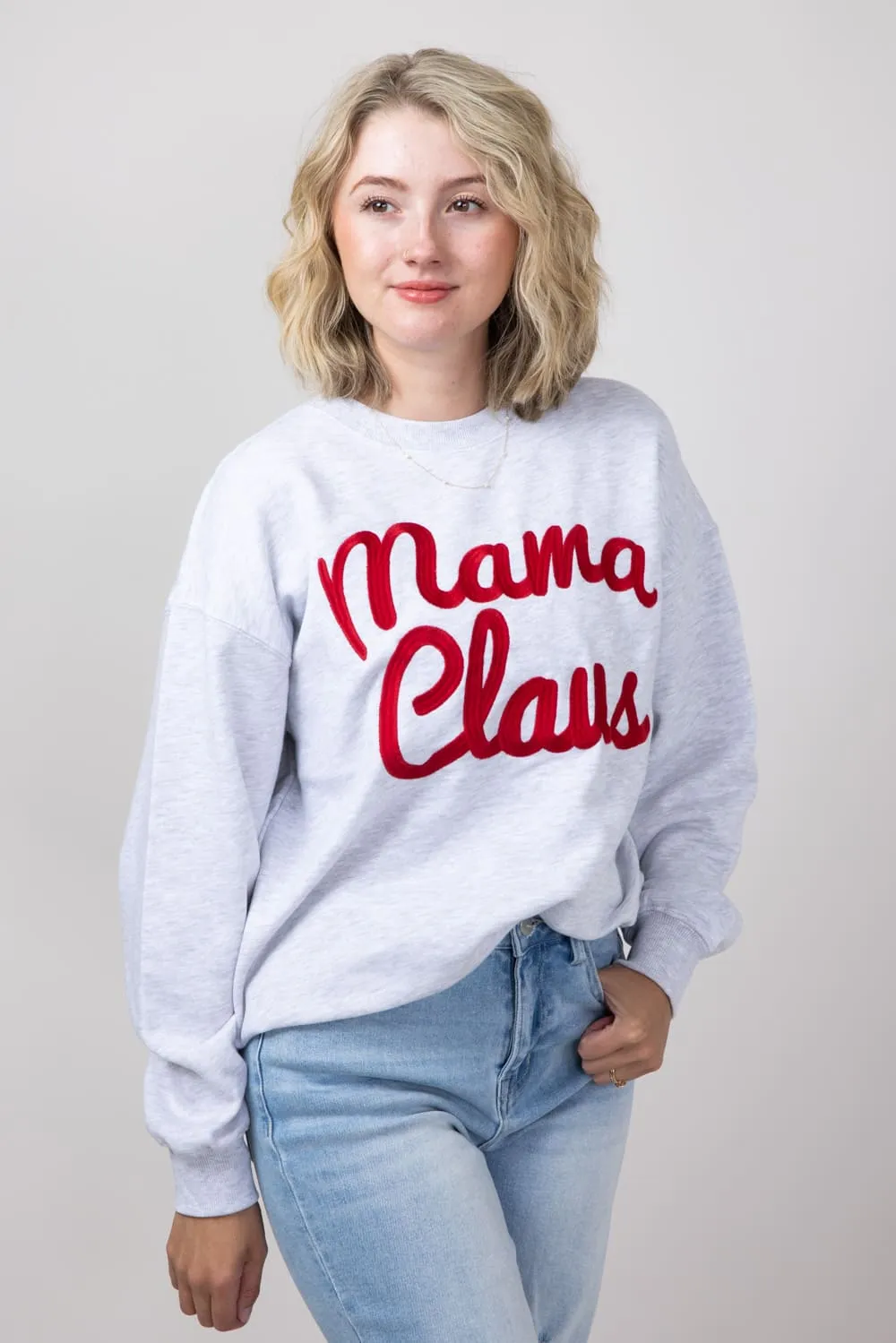 1897 Active Mama Claus Embroidered Fleece Sweatshirt for Women in Ice Grey | GT512-MAMACLAUSE