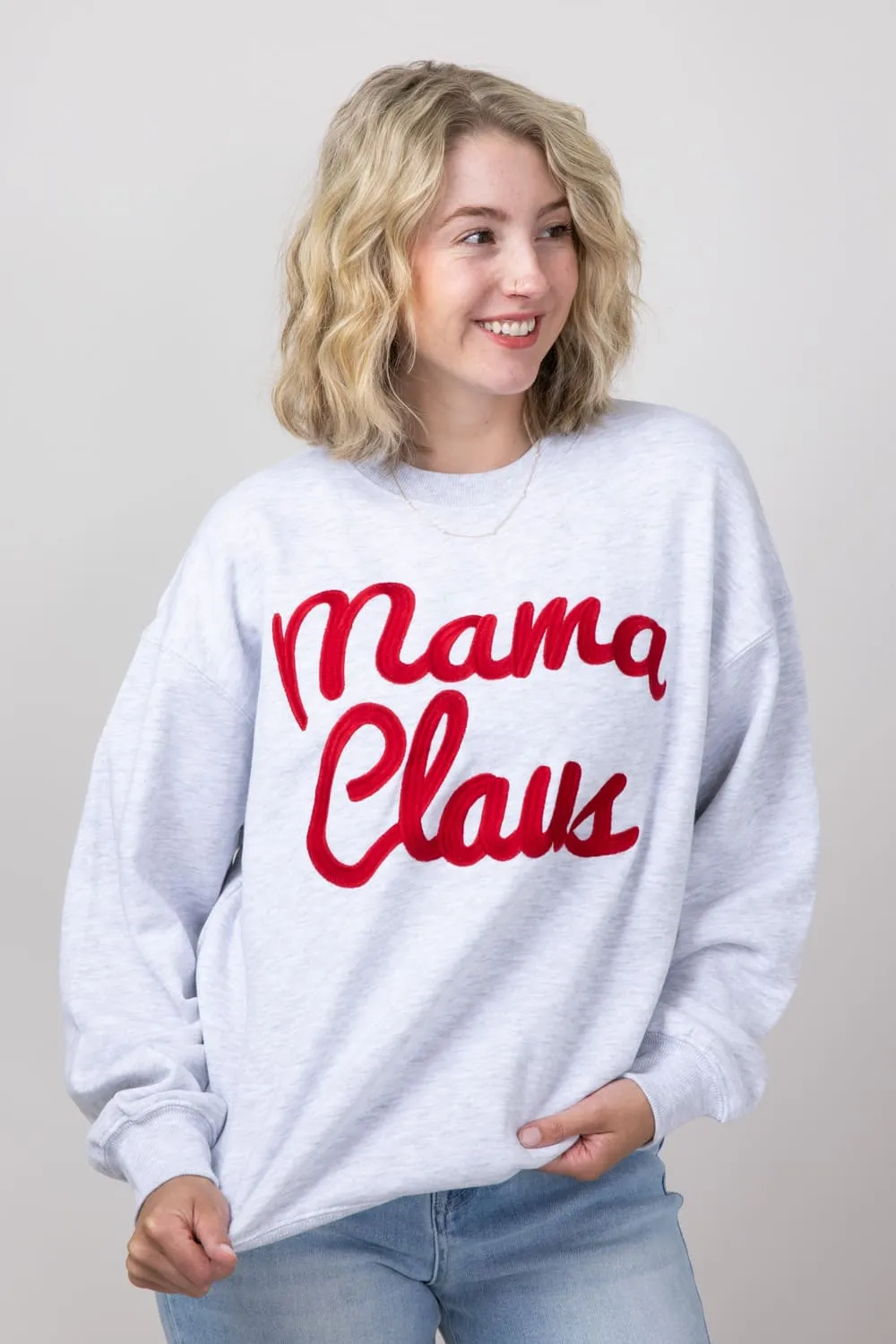1897 Active Mama Claus Embroidered Fleece Sweatshirt for Women in Ice Grey | GT512-MAMACLAUSE