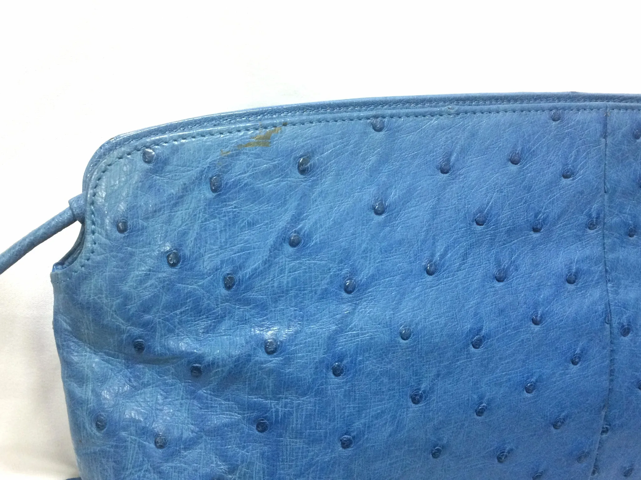 1980s. Vintage BALLY genuine blue ostrich leather shoulder bag with gathered knot, bow design and black motif. Made in W. Germany. 050406r3