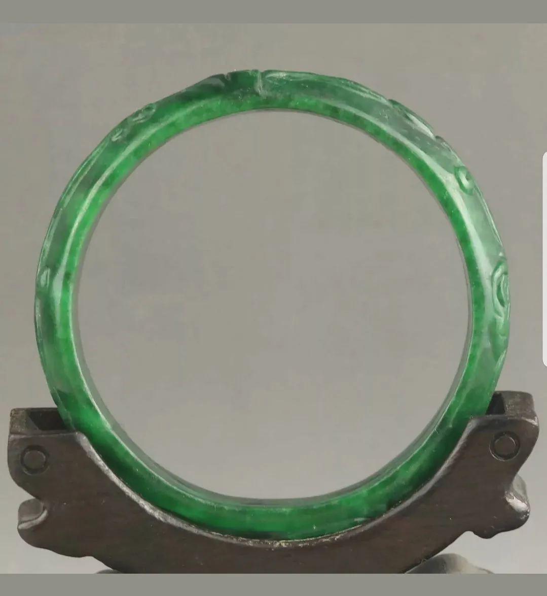 55/56/57mm Certified Natural Green Jadeite Emerald A Jade HandCarved Ruyi Flower Bracelet Bangle A-2243