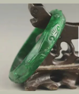 55/56/57mm Certified Natural Green Jadeite Emerald A Jade HandCarved Ruyi Flower Bracelet Bangle A-2243