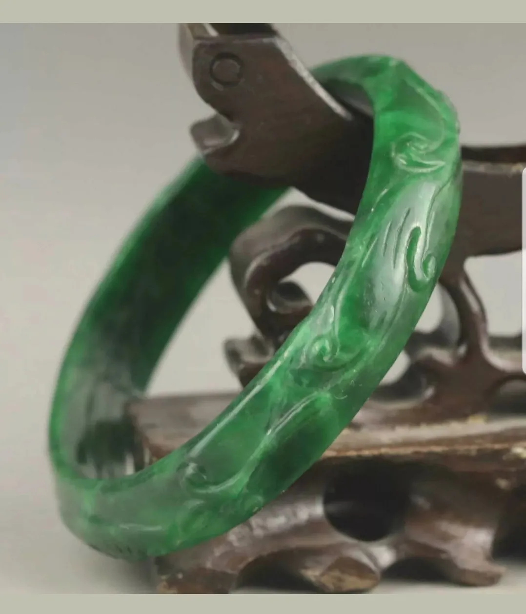 55/56/57mm Certified Natural Green Jadeite Emerald A Jade HandCarved Ruyi Flower Bracelet Bangle A-2243