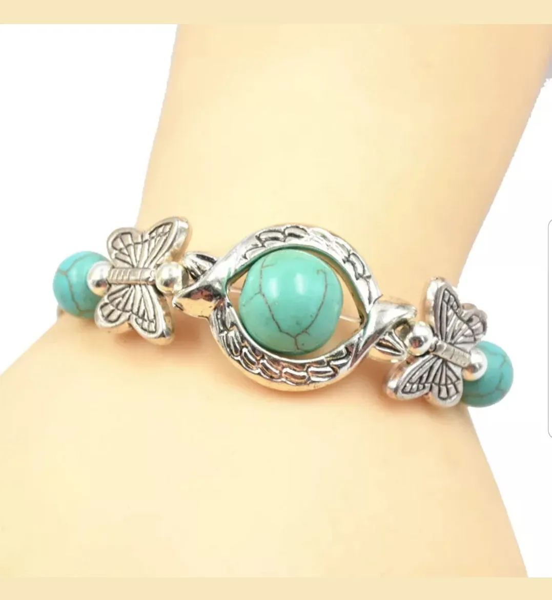 56-77mm(7 1/2''-10'') Natural Blue Turquoise HandCrafted Silver Butterfly Adjustable Bracelet