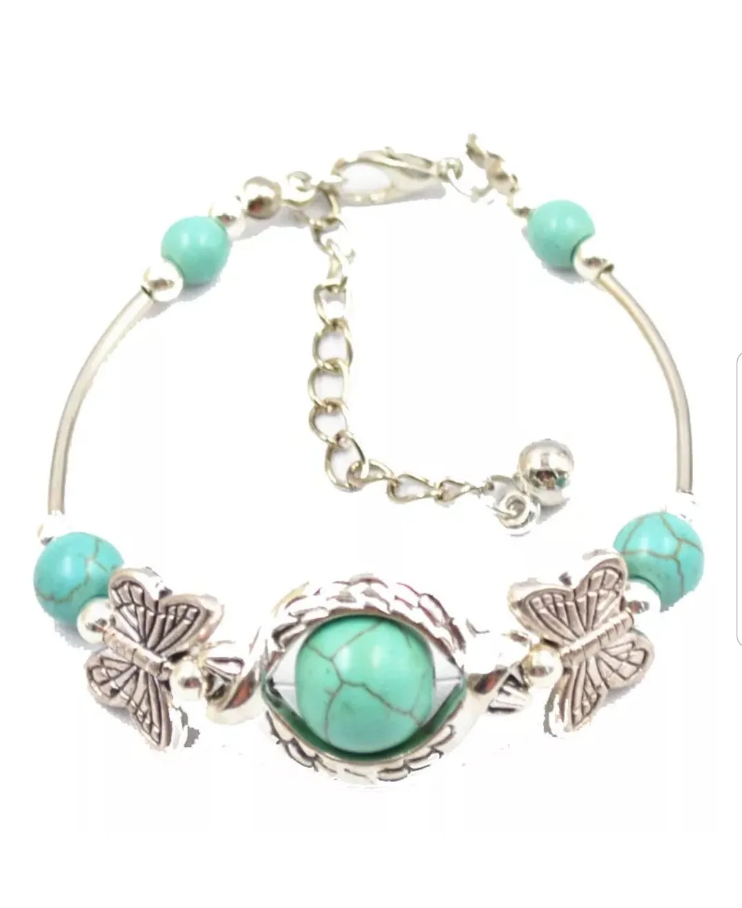 56-77mm(7 1/2''-10'') Natural Blue Turquoise HandCrafted Silver Butterfly Adjustable Bracelet