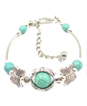56-77mm(7 1/2''-10'') Natural Blue Turquoise HandCrafted Silver Butterfly Adjustable Bracelet