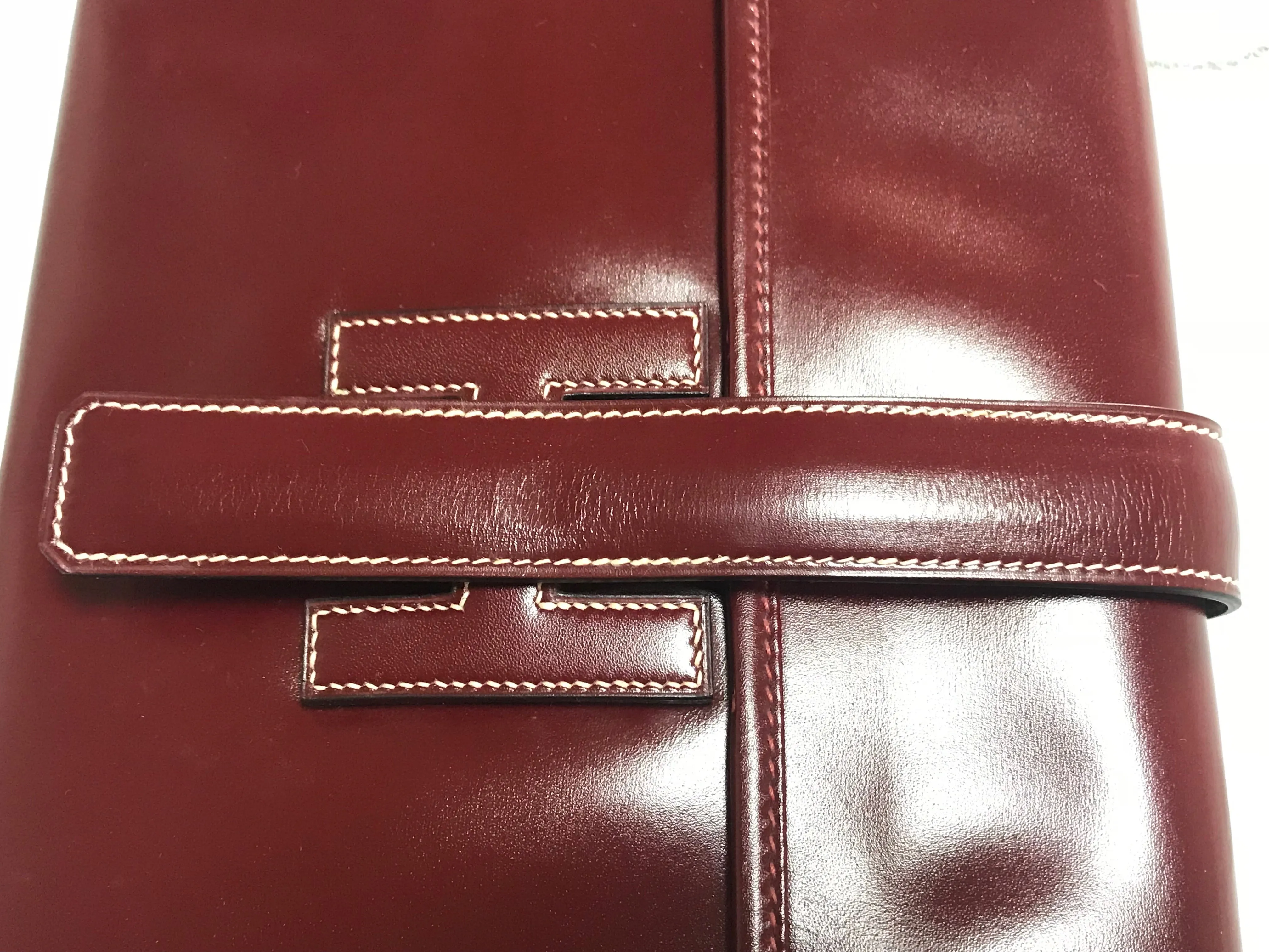 80's vintage HERMES jige, document case, dark wine, bordeaux boxcalf portfolio purse, iPad case. Classic and sophisticated style.