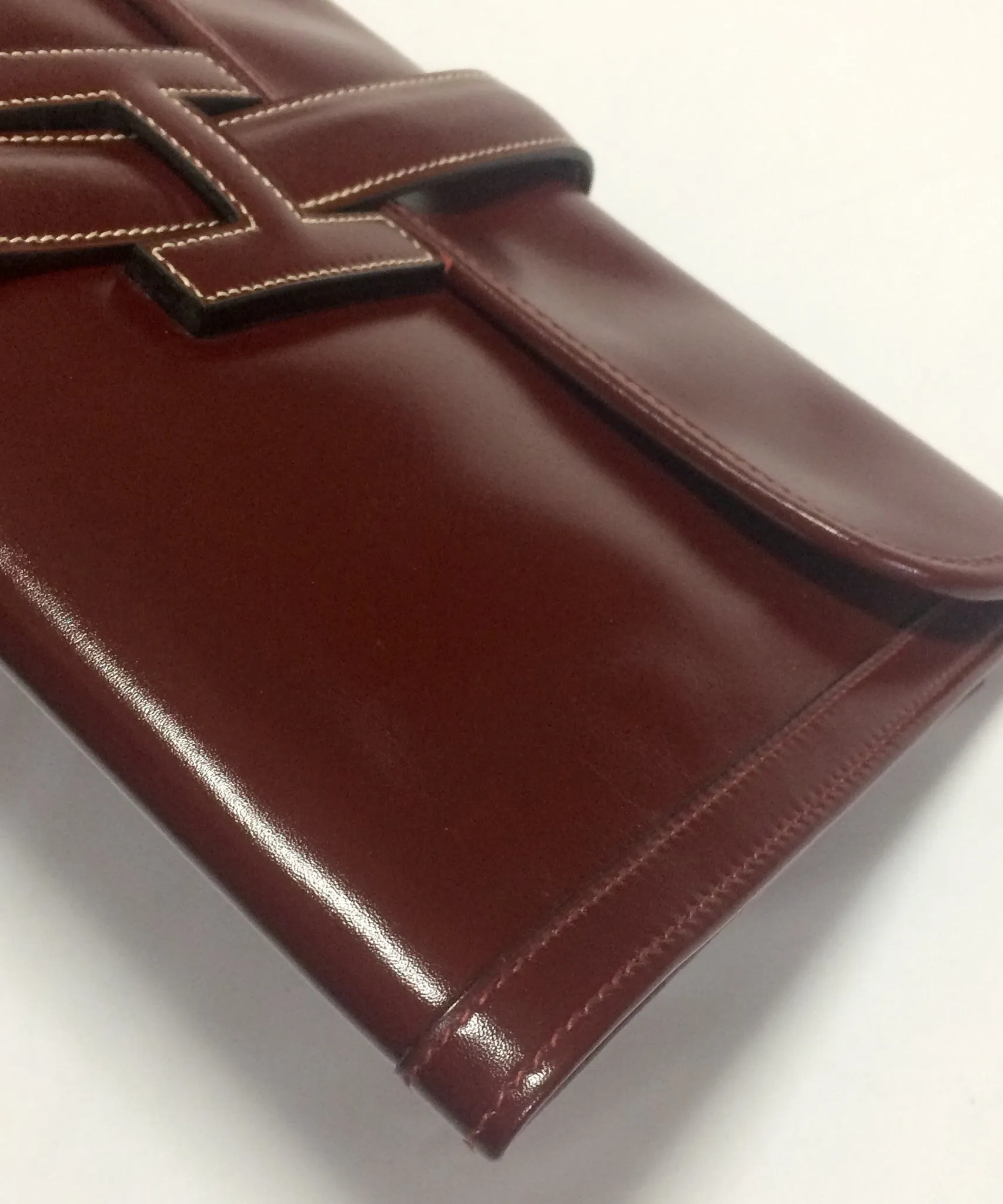 80's vintage HERMES jige, document case, dark wine, bordeaux boxcalf portfolio purse, iPad case. Classic and sophisticated style.