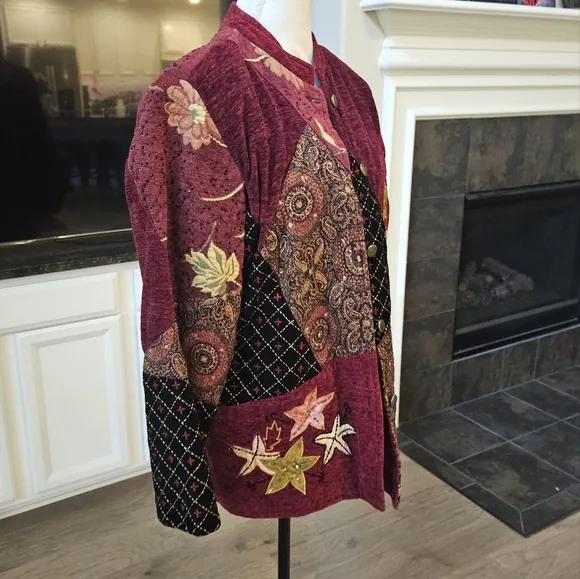 Alex Kim vtg nwot burgundy rayon/cotton beaded patchwork jacket M