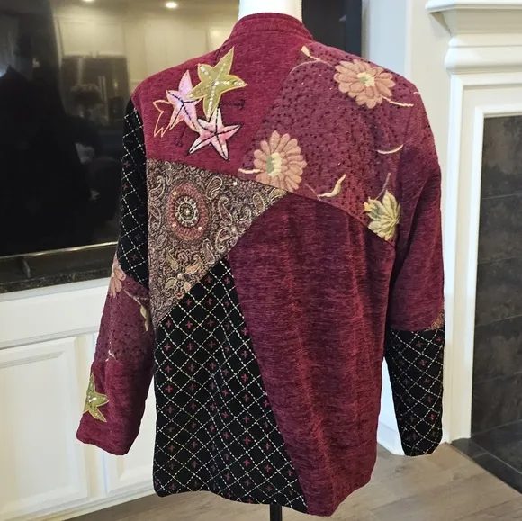 Alex Kim vtg nwot burgundy rayon/cotton beaded patchwork jacket M