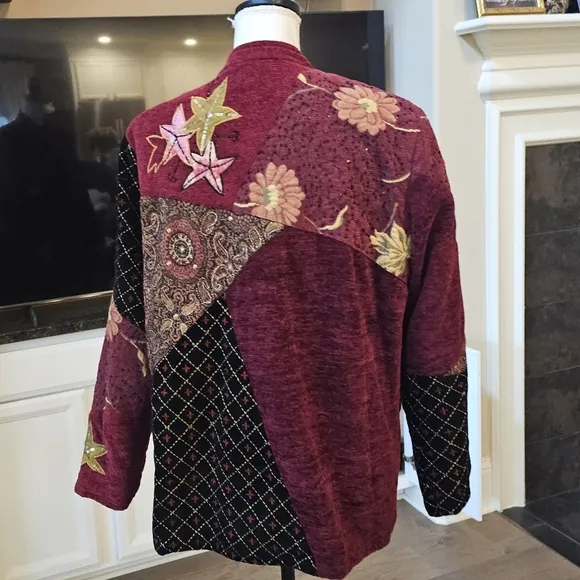 Alex Kim vtg nwot burgundy rayon/cotton beaded patchwork jacket M