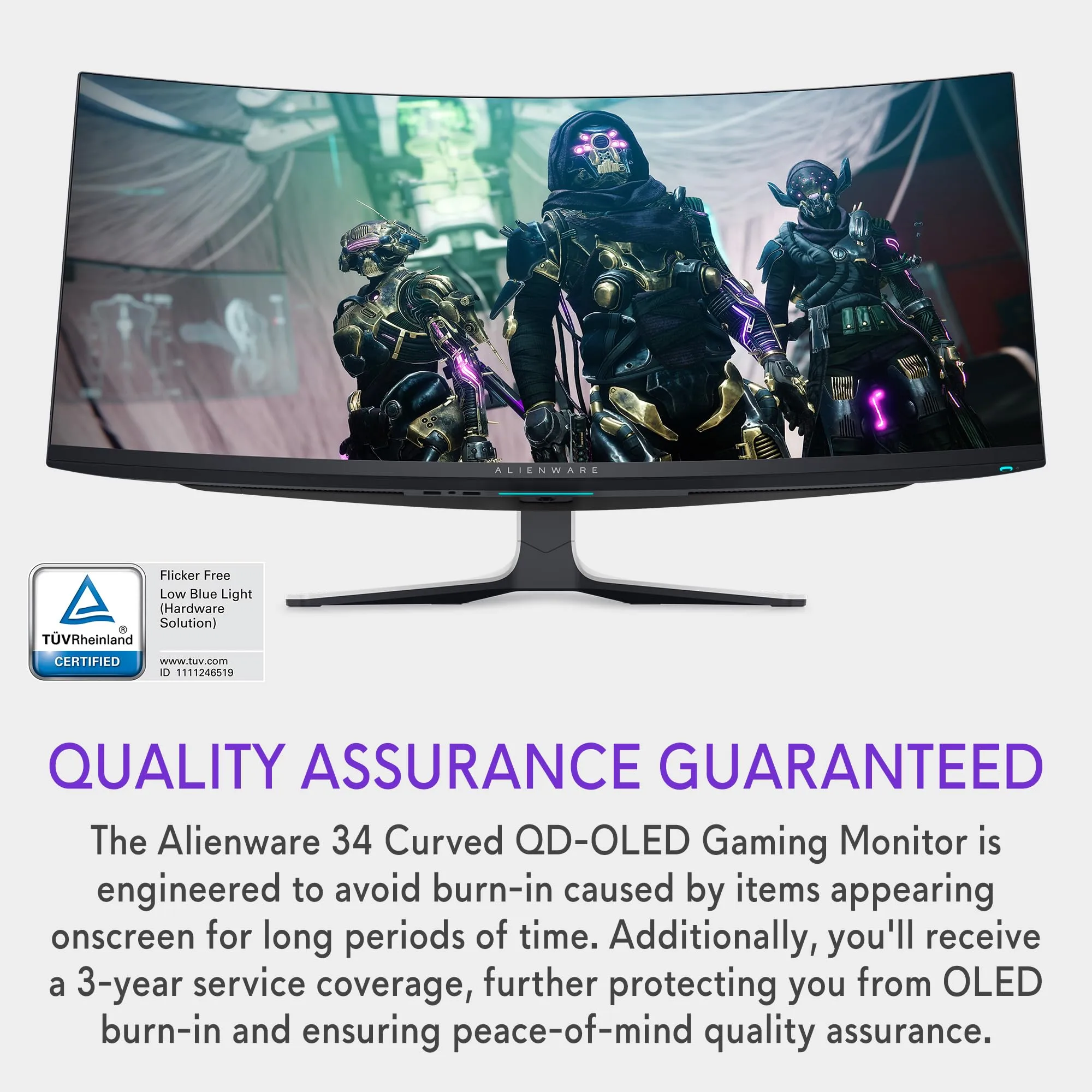 Alienware AW3423DW Curved Gaming Monitor 34.18 inch Quantom Dot-OLED 1800R Display, 3440x1440 Pixels at 175Hz, True 0.1ms Gray-to-Gray, 1M:1 Contrast Ratio, 1.07 Billions Colors - Lunar Light