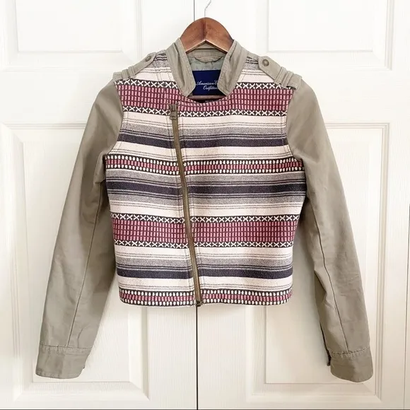 American Earle Womens Olive Green Moto Southwestern Pattern Crop Jacket Small