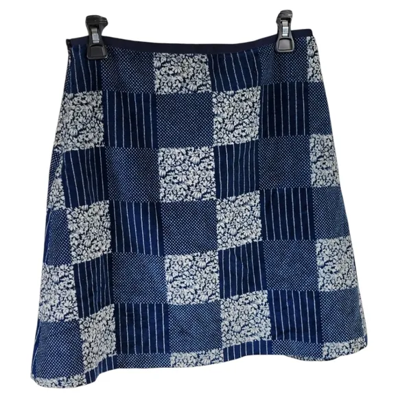 ANN MASHBURN Sz M Jenny Velvet Patchwork Mini Skirt Blue White