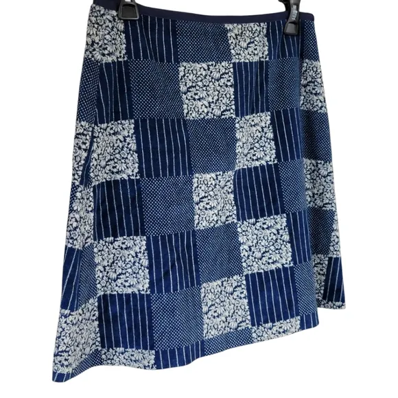 ANN MASHBURN Sz M Jenny Velvet Patchwork Mini Skirt Blue White