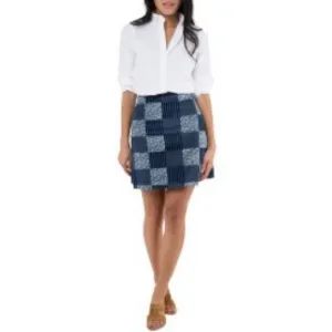 ANN MASHBURN Sz M Jenny Velvet Patchwork Mini Skirt Blue White