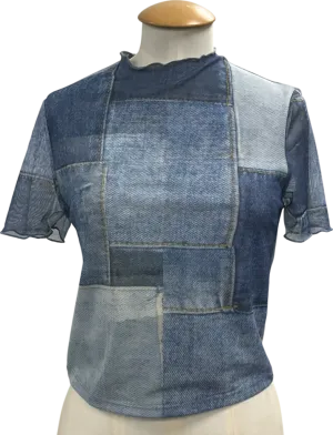 Anthropologie Blue Patchwork Denim Mesh T-shirt UK M
