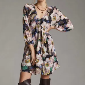 Anthropologie Tiered V-Neck Tunic Floral Dress