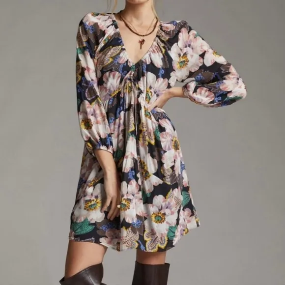 Anthropologie Tiered V-Neck Tunic Floral Dress