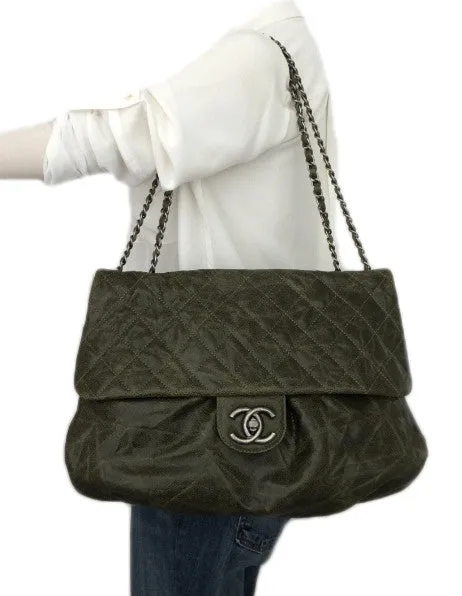 Authentic Chanel Green Coated Caviar Modern Maxi Jumbo Flapover