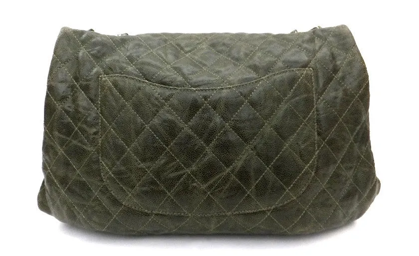 Authentic Chanel Green Coated Caviar Modern Maxi Jumbo Flapover