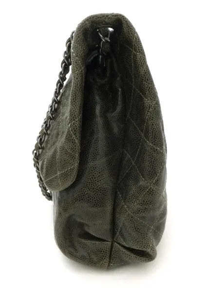 Authentic Chanel Green Coated Caviar Modern Maxi Jumbo Flapover