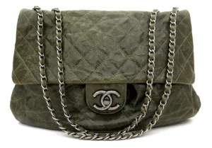 Authentic Chanel Green Coated Caviar Modern Maxi Jumbo Flapover