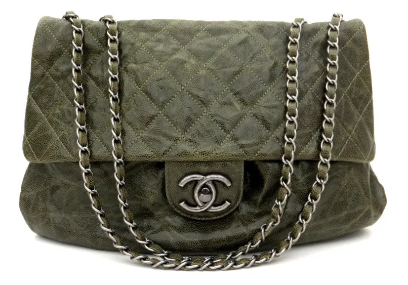 Authentic Chanel Green Coated Caviar Modern Maxi Jumbo Flapover