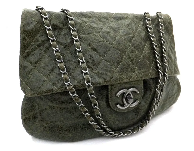 Authentic Chanel Green Coated Caviar Modern Maxi Jumbo Flapover