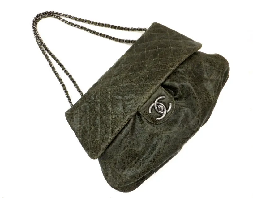 Authentic Chanel Green Coated Caviar Modern Maxi Jumbo Flapover
