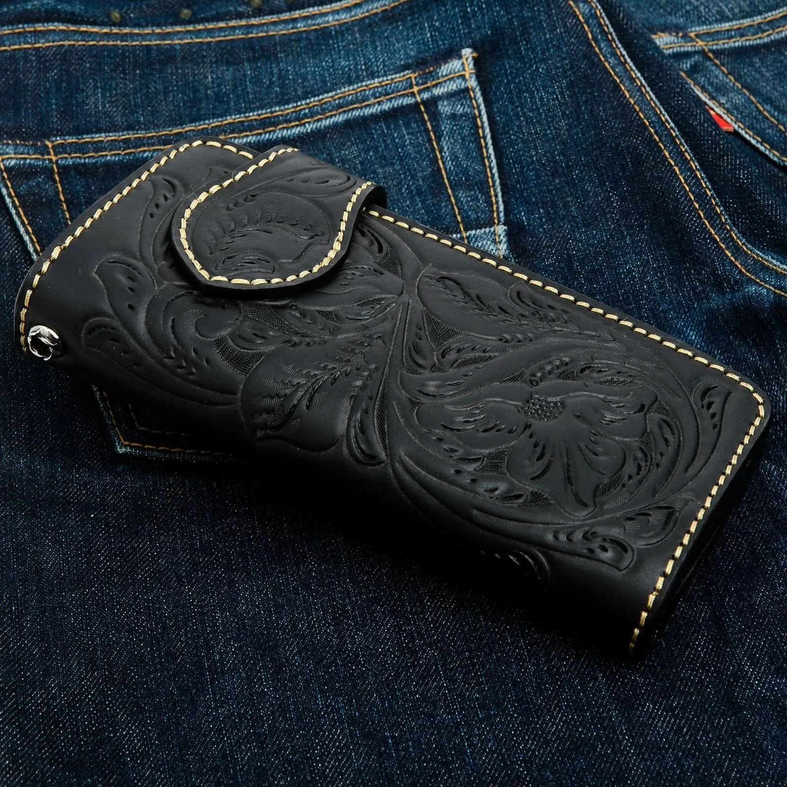 Black Genuine Cowhide Leather Indian Western Biker Wallet