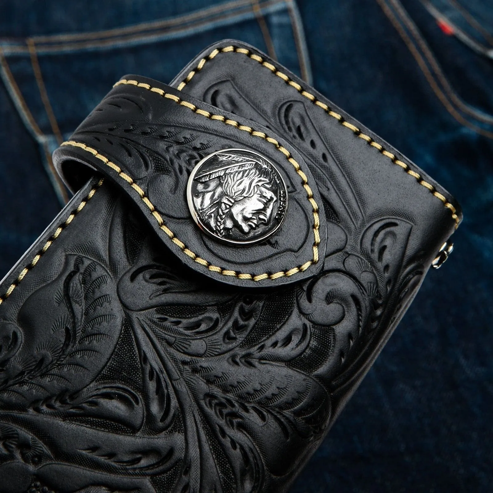 Black Genuine Cowhide Leather Indian Western Biker Wallet