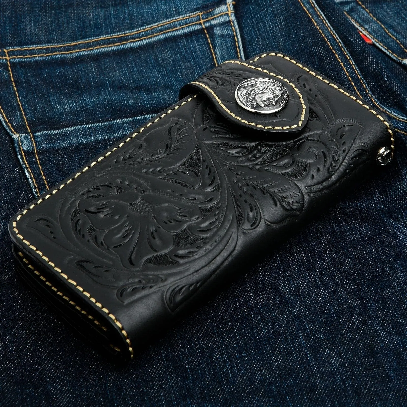 Black Genuine Cowhide Leather Indian Western Biker Wallet