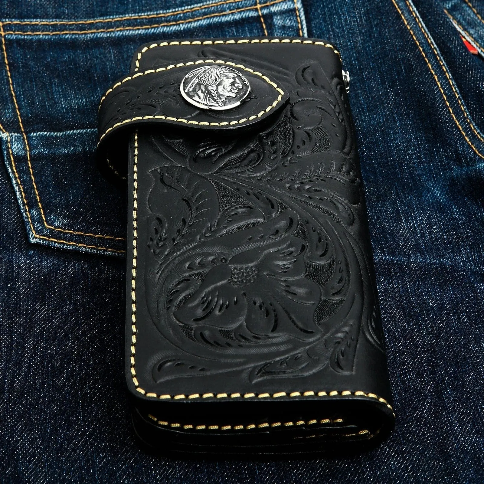 Black Genuine Cowhide Leather Indian Western Biker Wallet