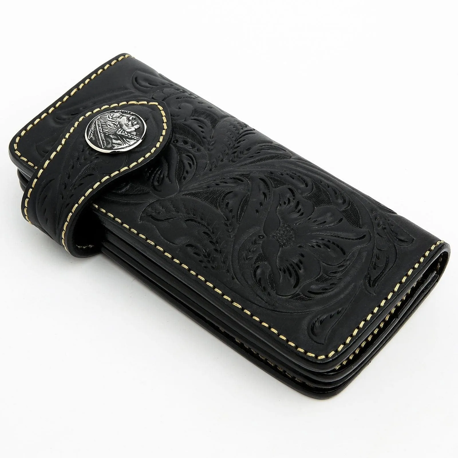Black Genuine Cowhide Leather Indian Western Biker Wallet