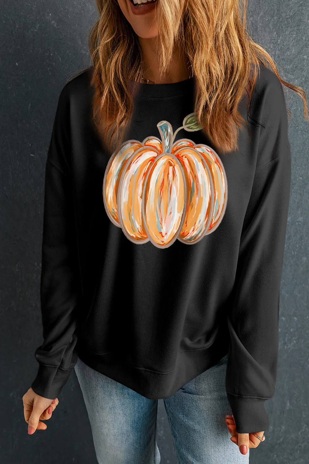 Black Thanksgiving Pumpkin Graphic Drop Shoulder Sweatshirt