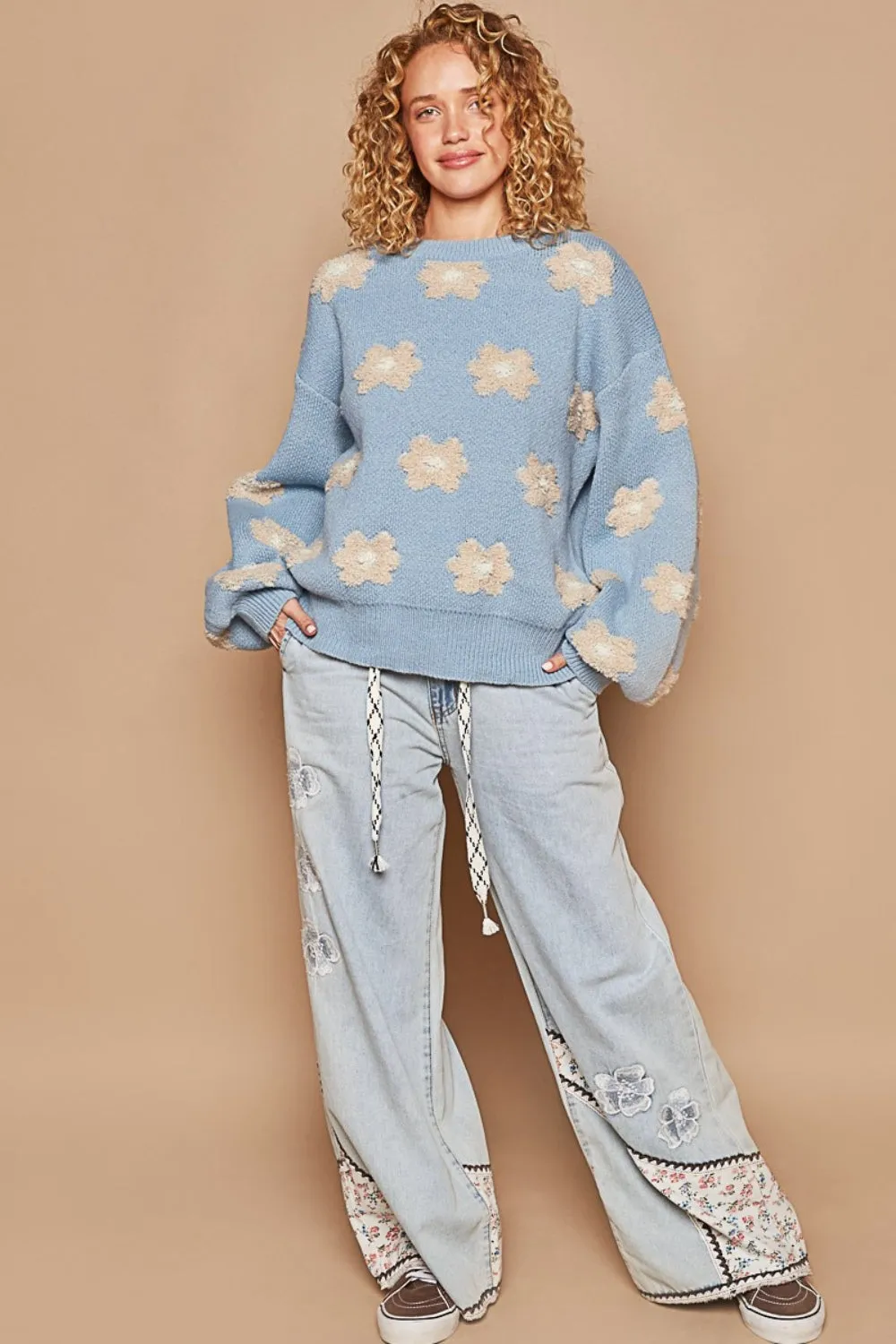 Blue Daisy Pattern Drop Shoulder Sweater