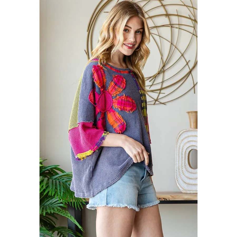 Blue Washed Daisy Patch Short Sleeve Oli&Hali Top