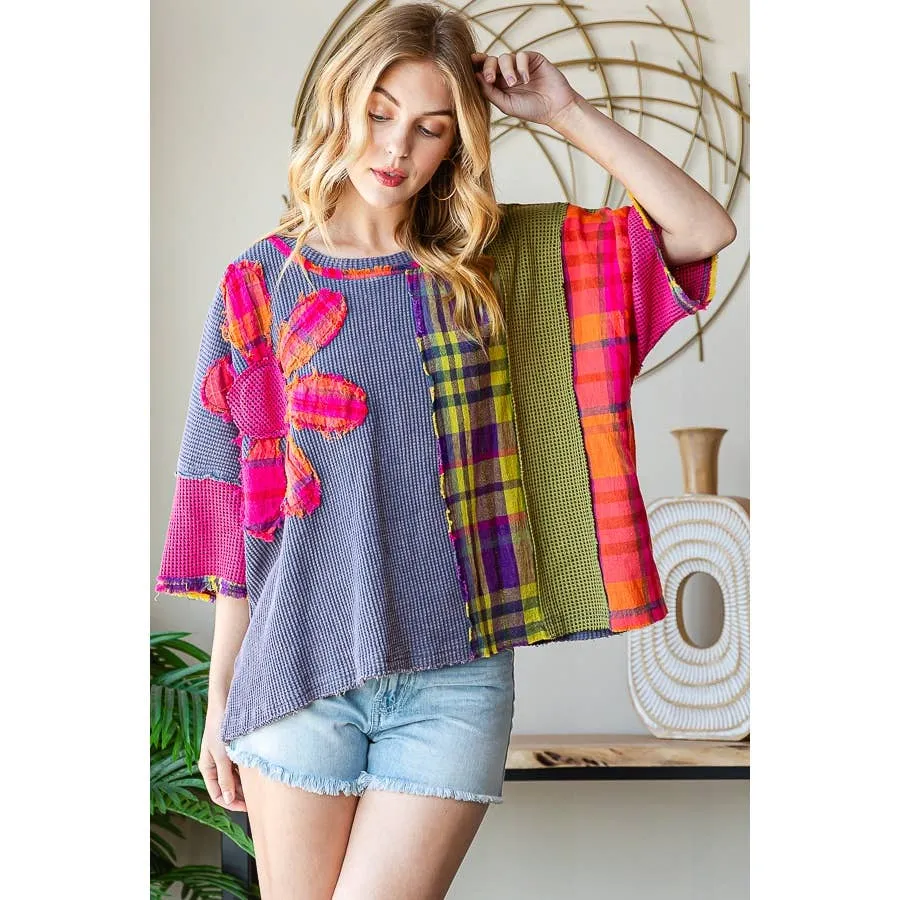 Blue Washed Daisy Patch Short Sleeve Oli&Hali Top
