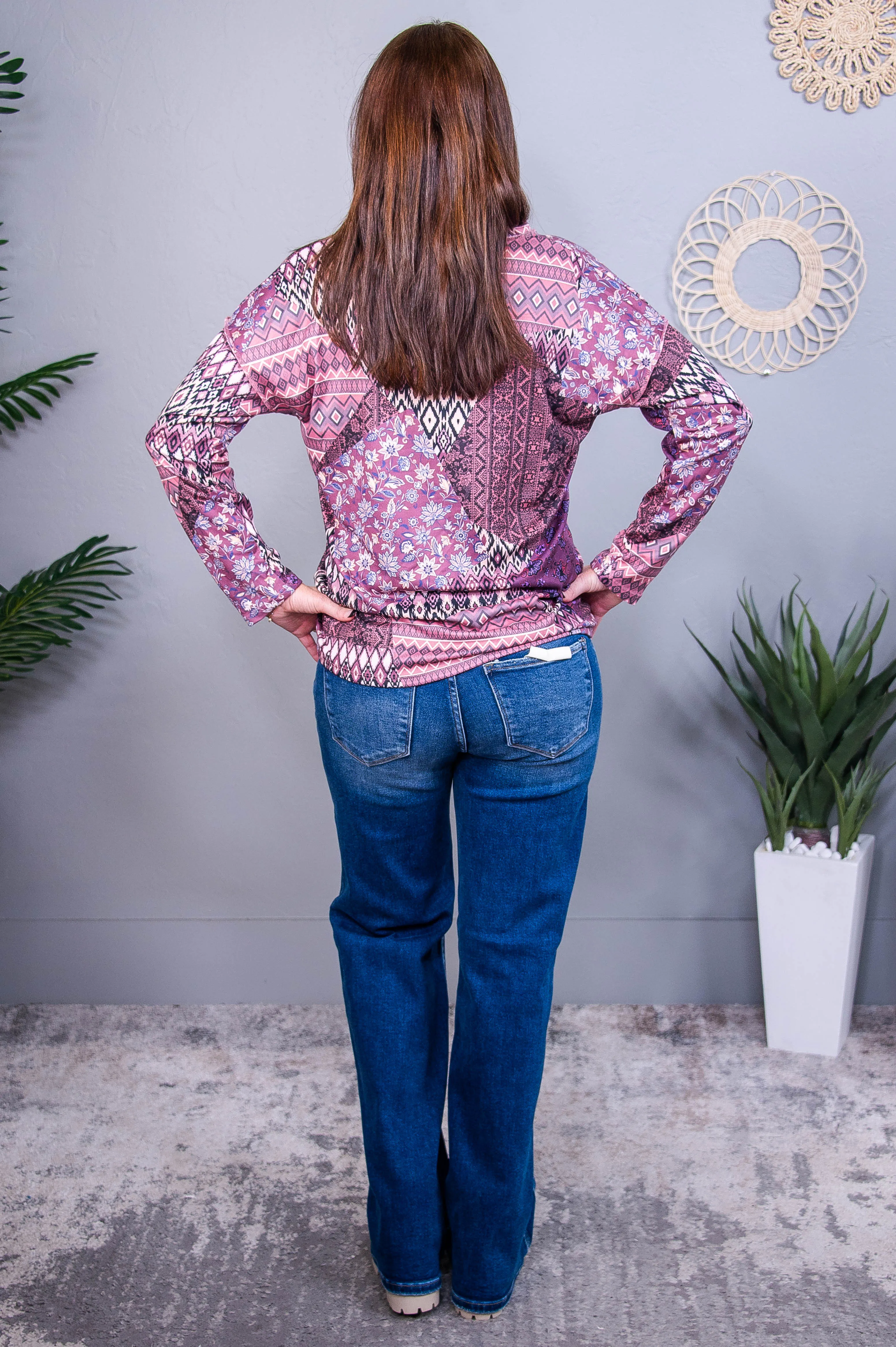 Boho Bliss Dark Marsala Multi Pattern V Neck Top - T10577DMS