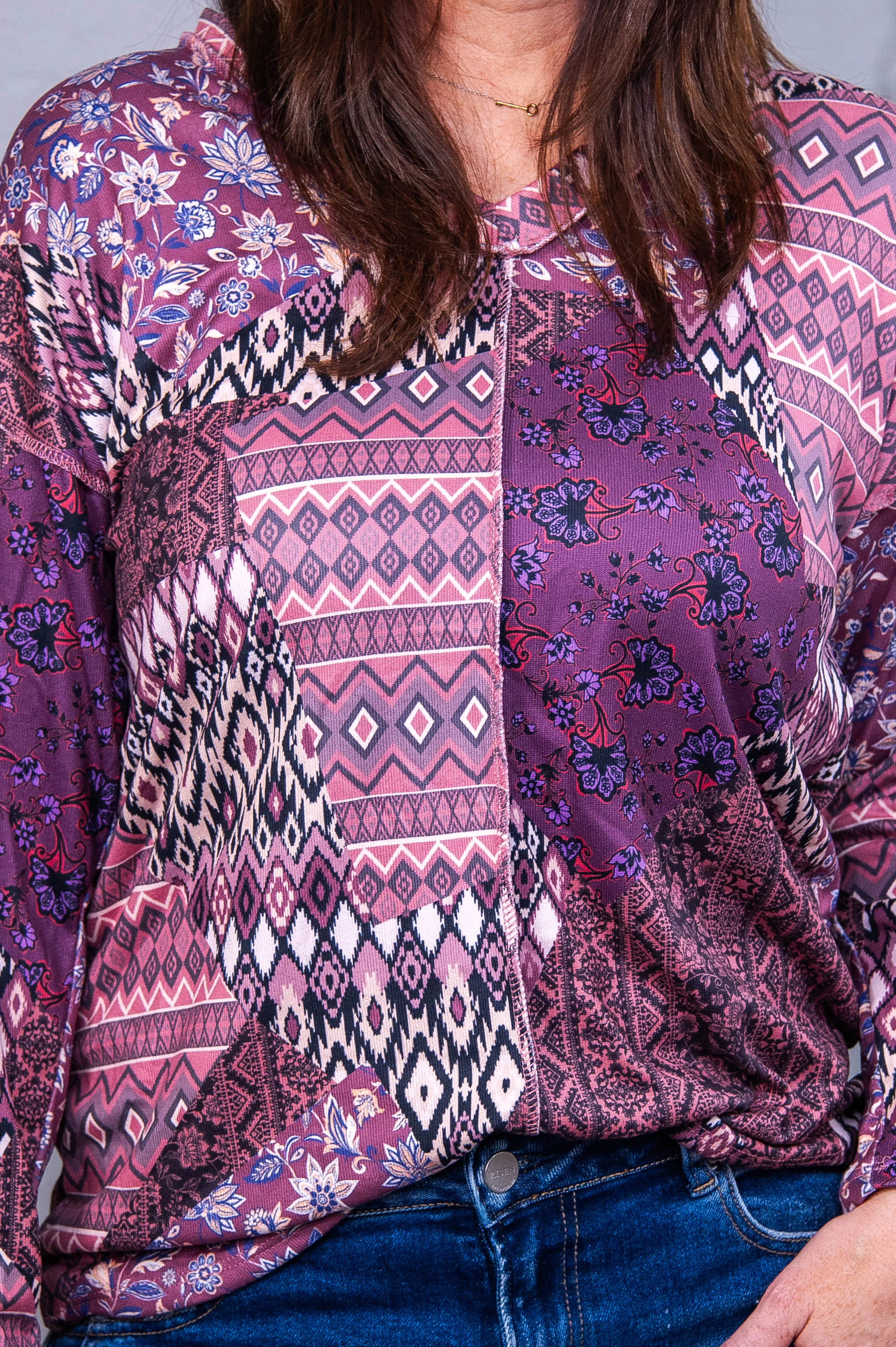 Boho Bliss Dark Marsala Multi Pattern V Neck Top - T10577DMS