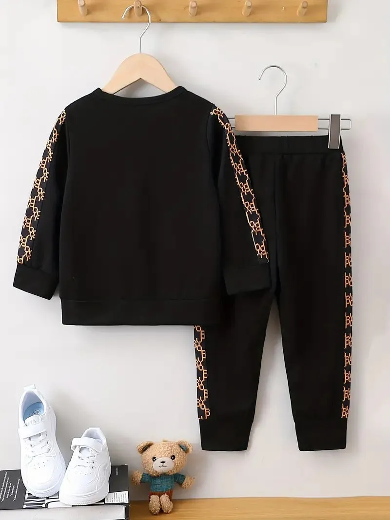 Boy's Crossbody Pouch Pattern Black Pant Set